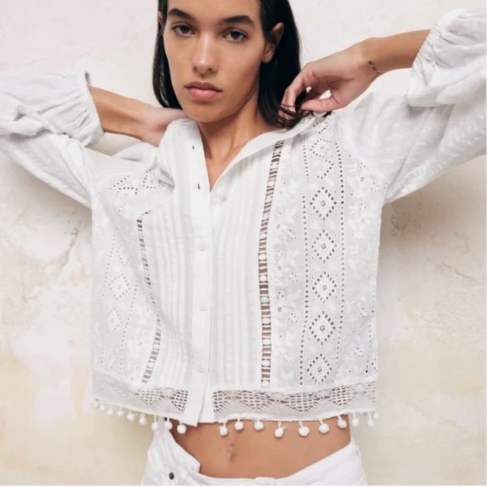 Zara Embroidered Oyster White long Sleeve Top/ Blouse
